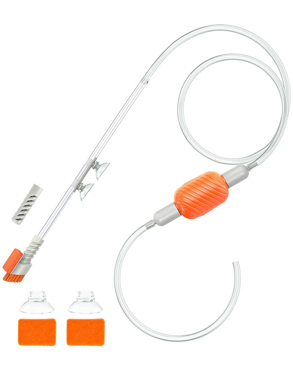 Pawfly Kit Pulitore Acquario, Sifone per Cambio Acqua con Tubo Lungo e Spazzola, Aspirapolvere Manuale per Ghiaia, Lavasabbia per Acquari da 38L