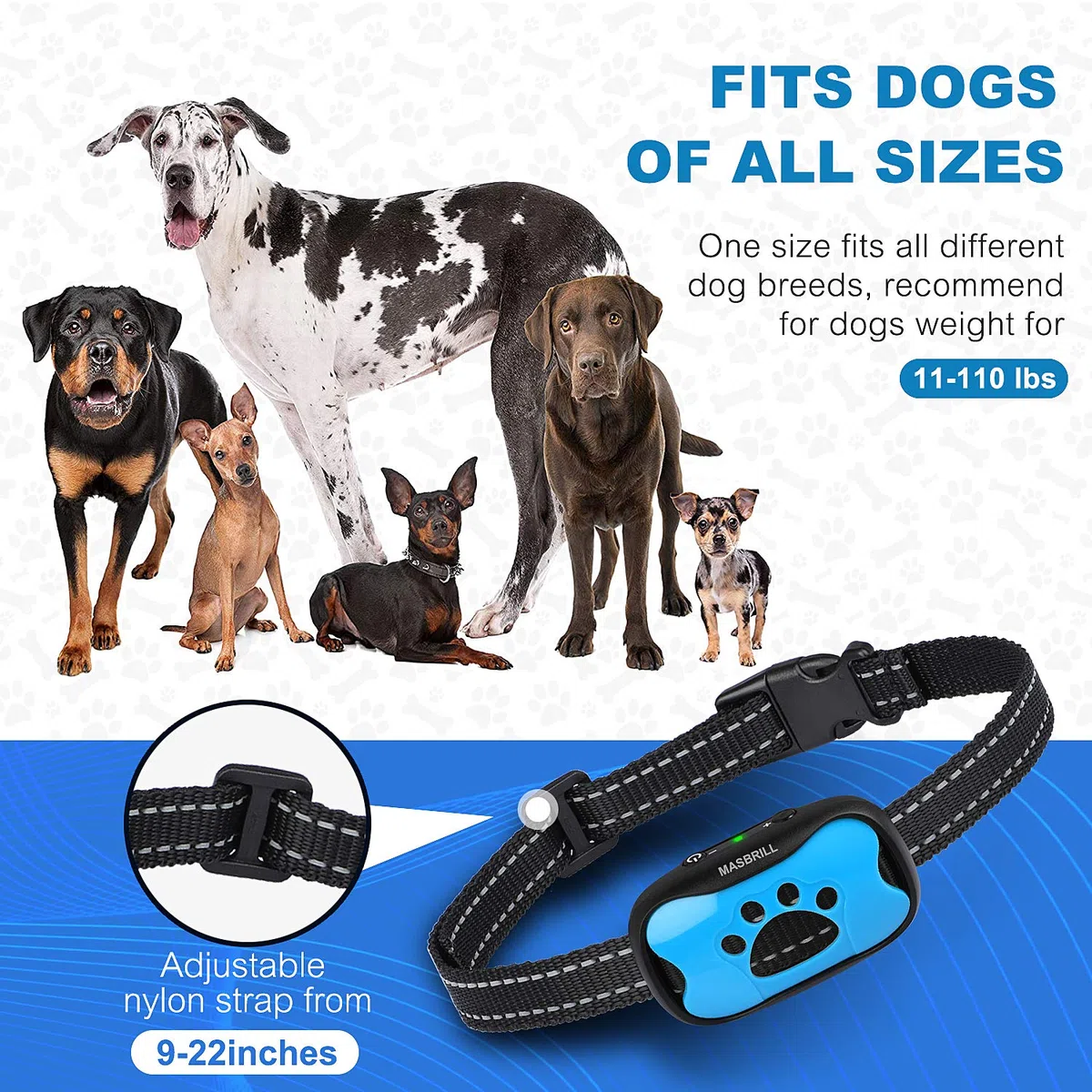 MASBRILL Collare Antiabbaio per Cani, Anti Abbaio Ricaricabile per Cani Piccola Media Grande, Modalità di Lavoro con Bip e Vibrazione, Blue
