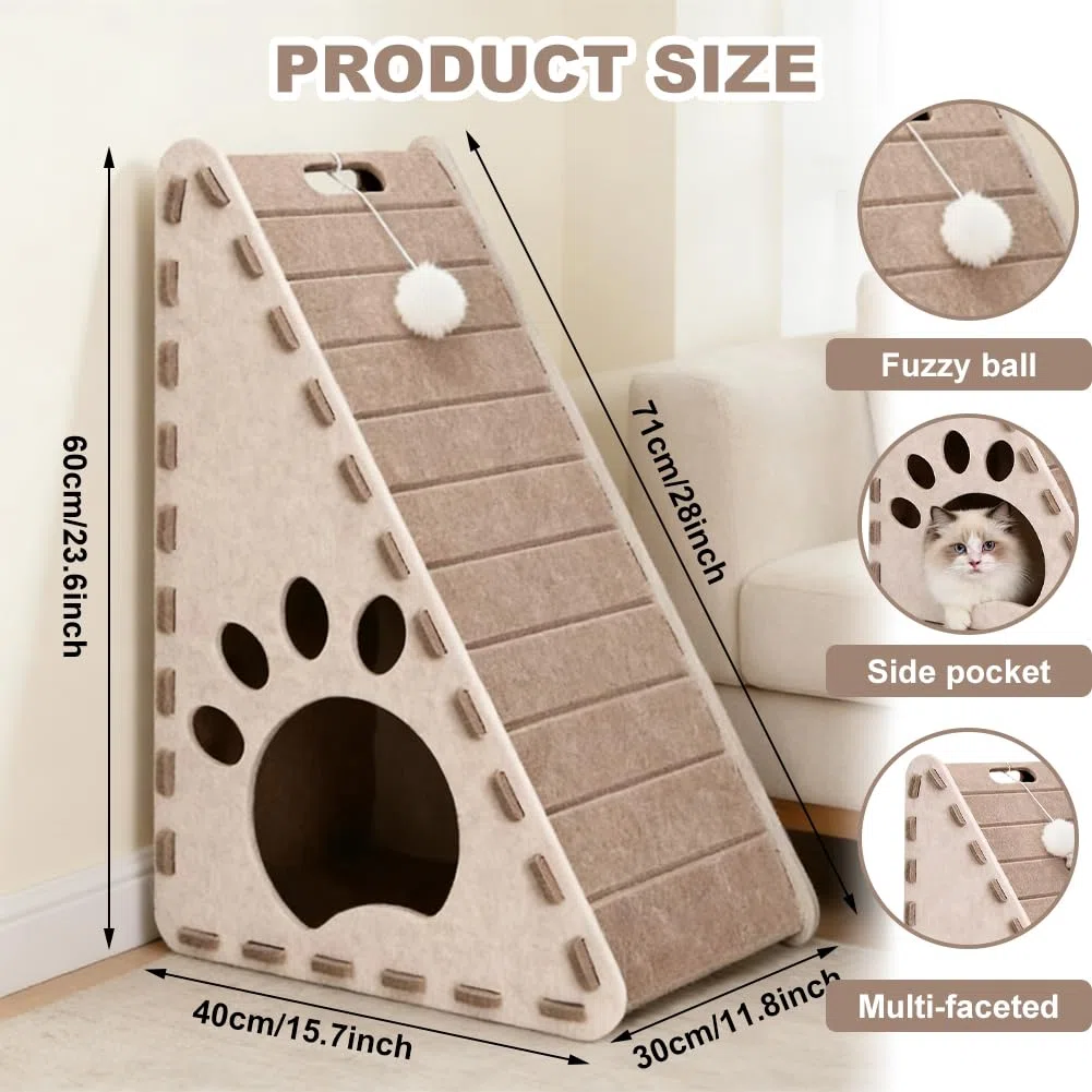 3 in 1 Cat Scratching Board & Felt Triangle Cat House – Vertical Cat Scratcher for Indoor Cats, Scratch Play Rest Cat Furniture, Sturdy Easy Clean Cat Scratcher with Ball Toy