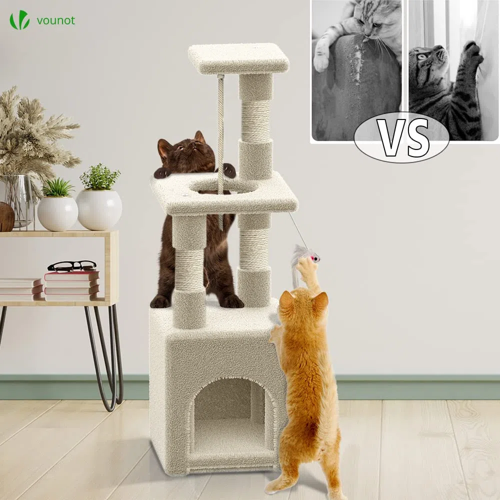 VOUNOT® Tiragraffi per Gatti, Albero Tiragraffi Gatto in Corda Sisal Naturale con Giocattolo Gioco, Altezza 88cm, Beige