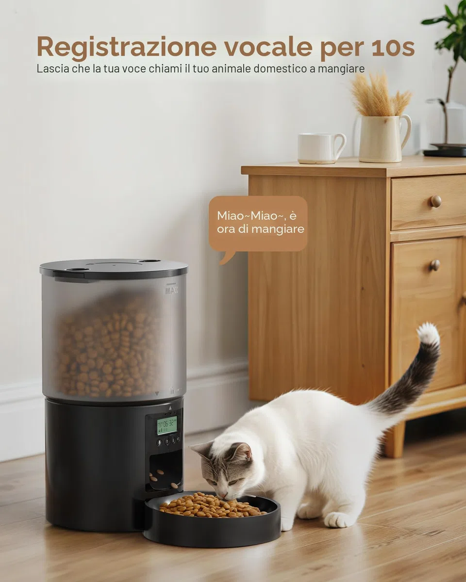 Distributore Automatico Cibo Gatti: Dispenser Crocchette Gatto con 10S Registrazione - Dosatore Crocchette per Cani con Orari di Mangiatoia Personalizzati 1-6 Pasti al Giorno Timer Programmabile