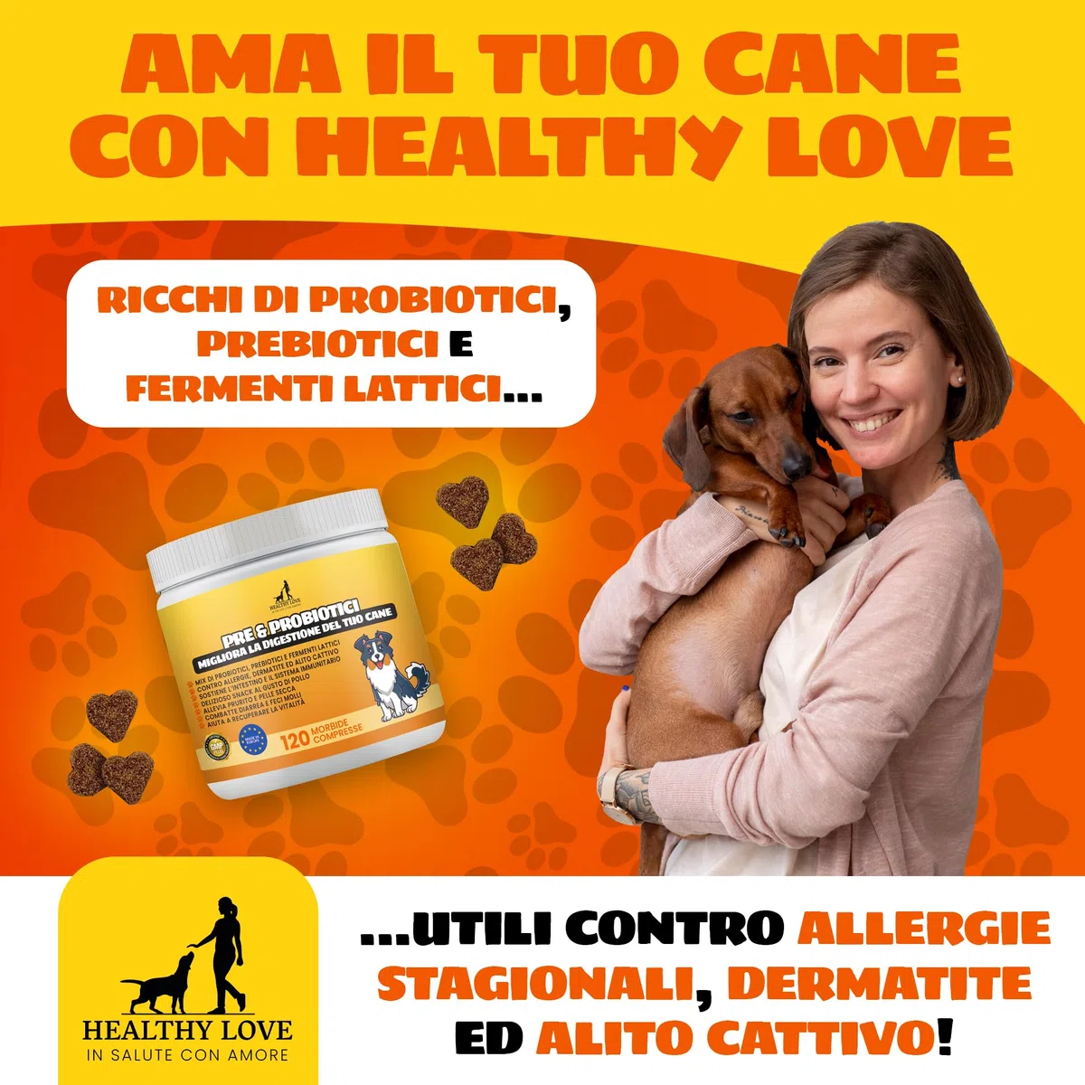 HEALTHY LOVE Probiotici per Cani, 120 Morbidi Snack Salutari, Appetibilità Unica, Fermenti Lattici Cane Per Migliore Digestione, Ebook, Probiotici Cane Contro Prurito e Diarrea, Probiotico Cani 240g