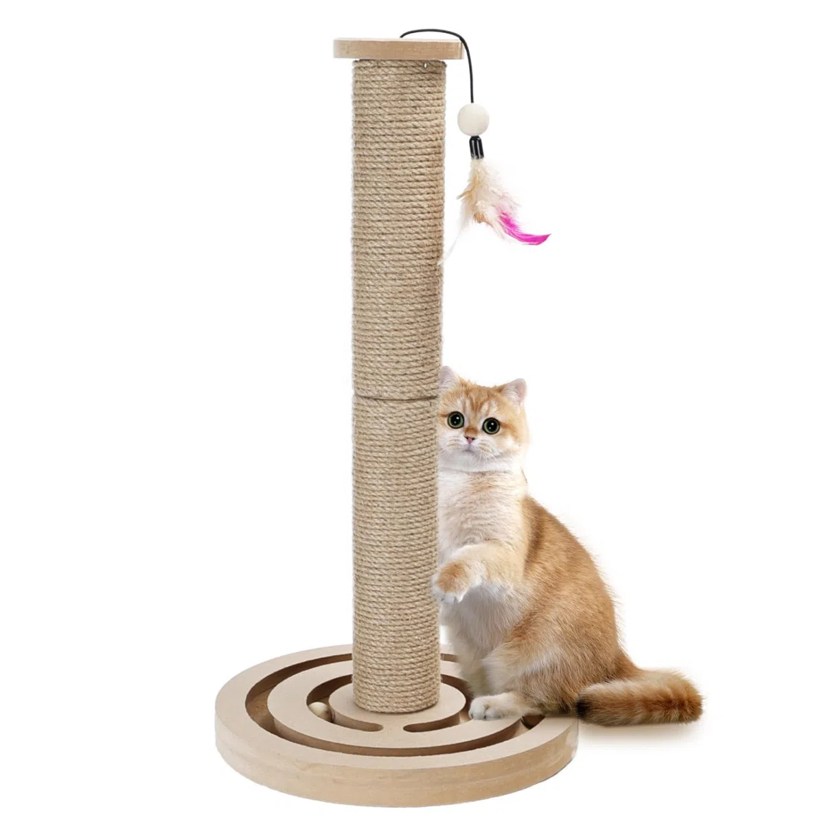 Nobleza Tiragraffi per Gatti in Legno con Palline, Graffiatoio in Sisal Naturale con Piuma, Giocattolo Interattivo 3 in 1, 55x30 cm
