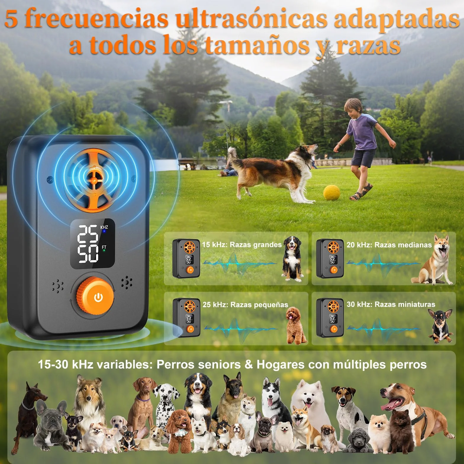 Dispositivo Antiabbaio per Cani Ultrasuoni - Ultrasuoni per Cani Ferma Abbaio Automatico con 5 modalità Frequenza, 3 Portate, Interno/Esterno Efficace