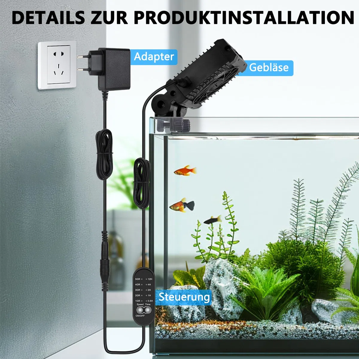 fishkeeper Ventilatore per acquari, raffreddatore per acquari, velocità dell'Aria e Timer Regolabili, Ventilatore Silenzioso per acquari d'Acqua Dolce e salata da 30cm (1 ventilatori)