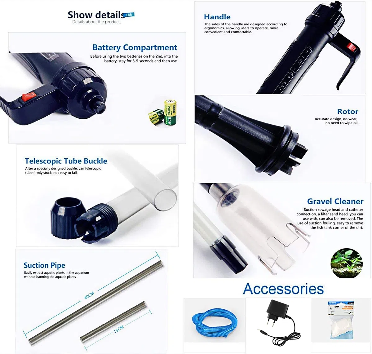 WANGCL Batteria elettrica Automatica Kit per la Pulizia della Ghiaia dell'acquario Filtro sifone con rondella per Sabbia Fresca adattata con Adattatore