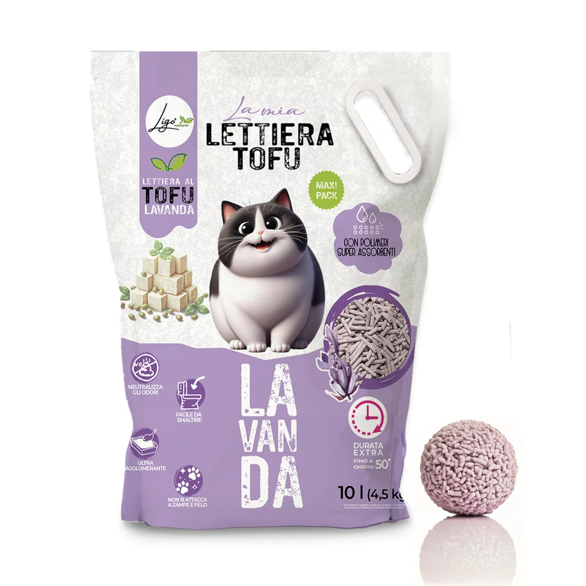 Ligo Nature Lettiera gatto TOFU |SUPER AGGLOMERANTE neutra|ecologica|ultra assorbente|assorbimento rapido|controllo degli odori| 1confezioni da 4,5kg (10 l, lavanda)