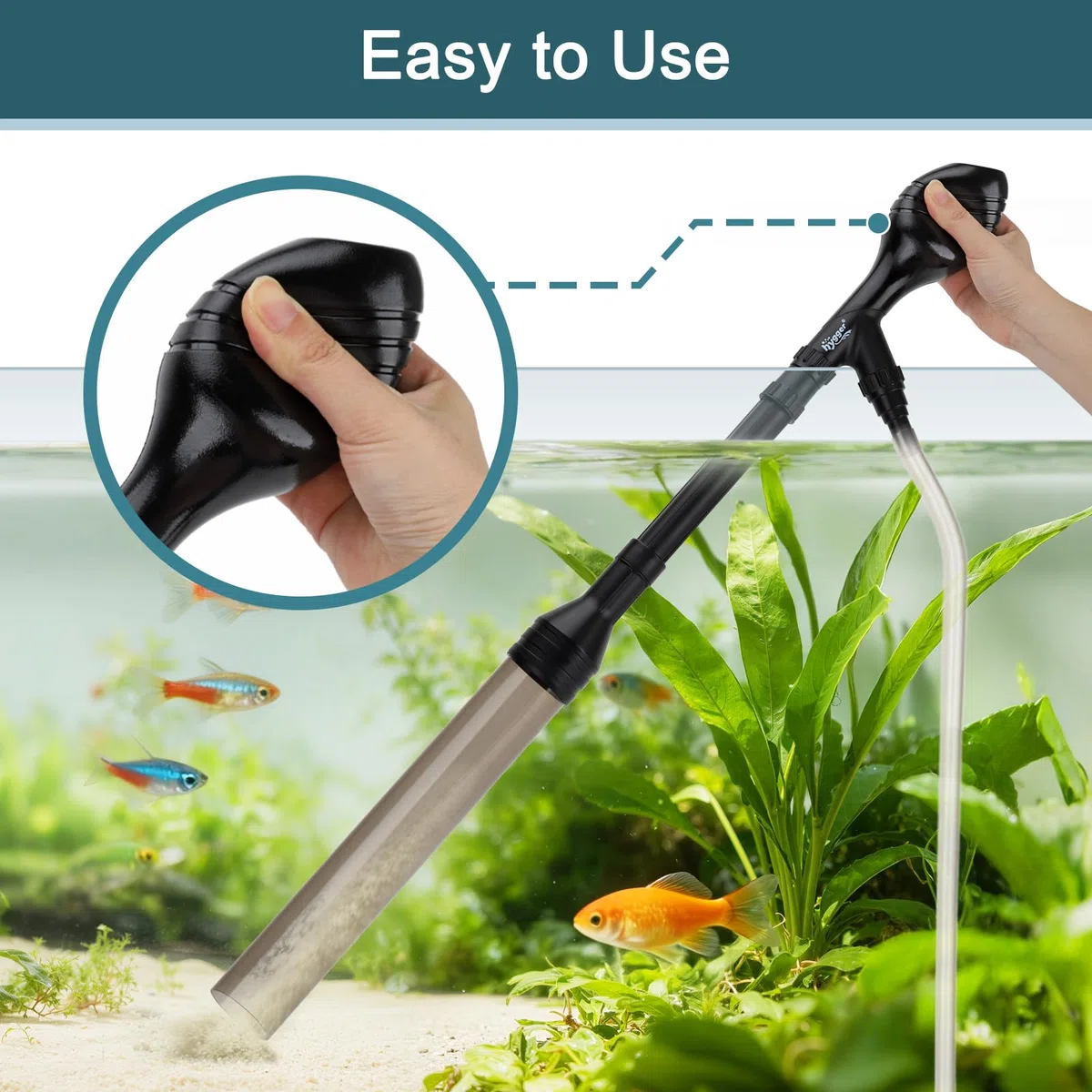 hygger Pulitore per ghiaia per acquario, azionato a mano, 256 GPH, pronto all'uso, adatto per bassi livelli di acqua, sfera di aspirazione integrata, lunghezza regolabile