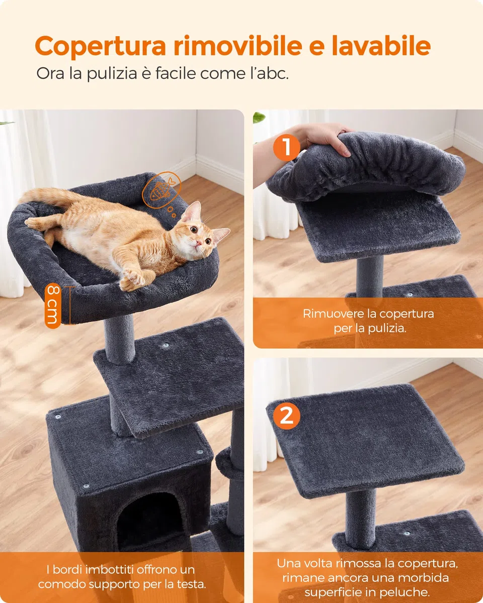 FEANDREA Albero per Gatti, Tiragraffi Piccolo da 135 cm, Condominio per Gatti in Peluche a più Livelli con Copertura per Trespolo Rimovibile Lavabile, Graffiatoio, Cesto, Grotta, Grigio Scuro