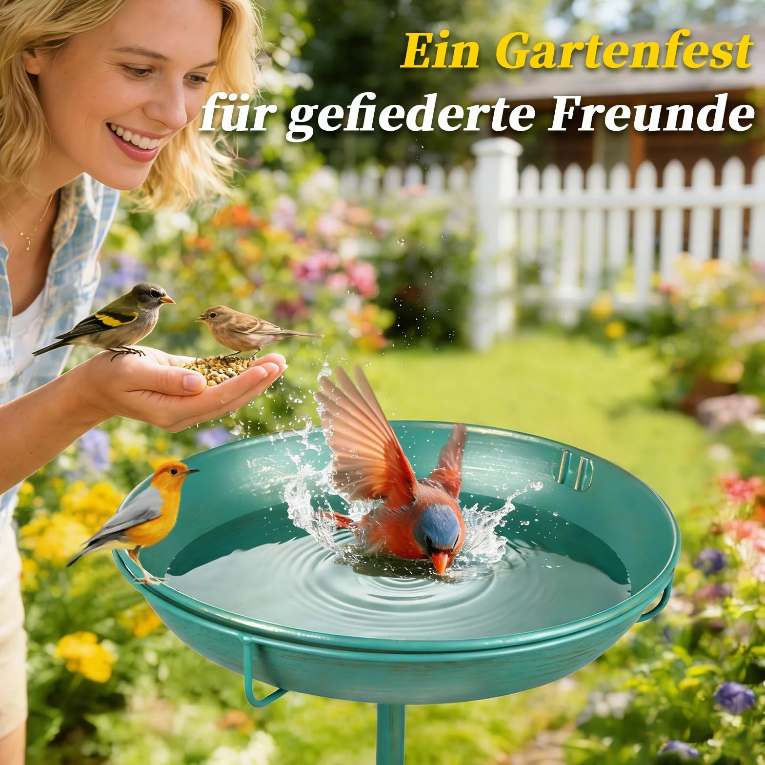 Mellbree Abbeveratoio per uccelli in piedi, 25 cm, grande bagno per uccelli con asta di seduta, multifunzionale per giardino, abbeveratoio per uccelli in metallo blu mare con decorazione dorata