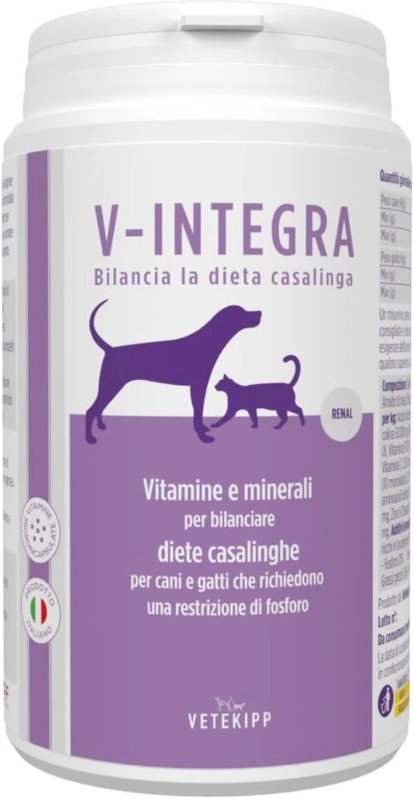 V-INTEGRA Renal 200g, Integratore Vitamine e Minerali per Bilanciare Diete Casalinghe di Cani e Gatti che Richiedono una Restrizione di Fosforo, Multivitaminico Cane e Gatto Made in Italy