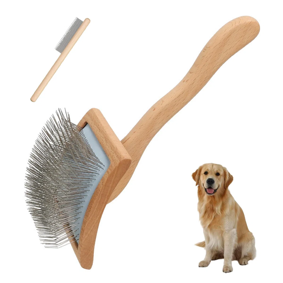 Spazzola per Cani Pelo Lungo con Manico in Legno Curvo, Cardatore e Pettine per Rimuovere Nodi e Sottopelo, Per Cani e Gatti a Pelo Medio/Lungo come Golden Retriever, Maine Coon