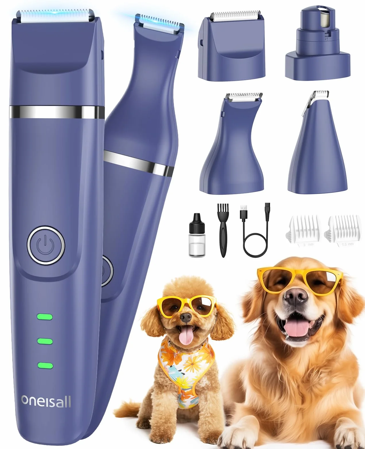 oneisall 4 in 1 Tosatrice per Cani e Gatti Silenzioso, Ricaricabile Rasoio per Cani, Rasoio Cane taglia zampe e affila artigli con 4 testine multiuso per la depilazione di tutto il corpo (Blu)