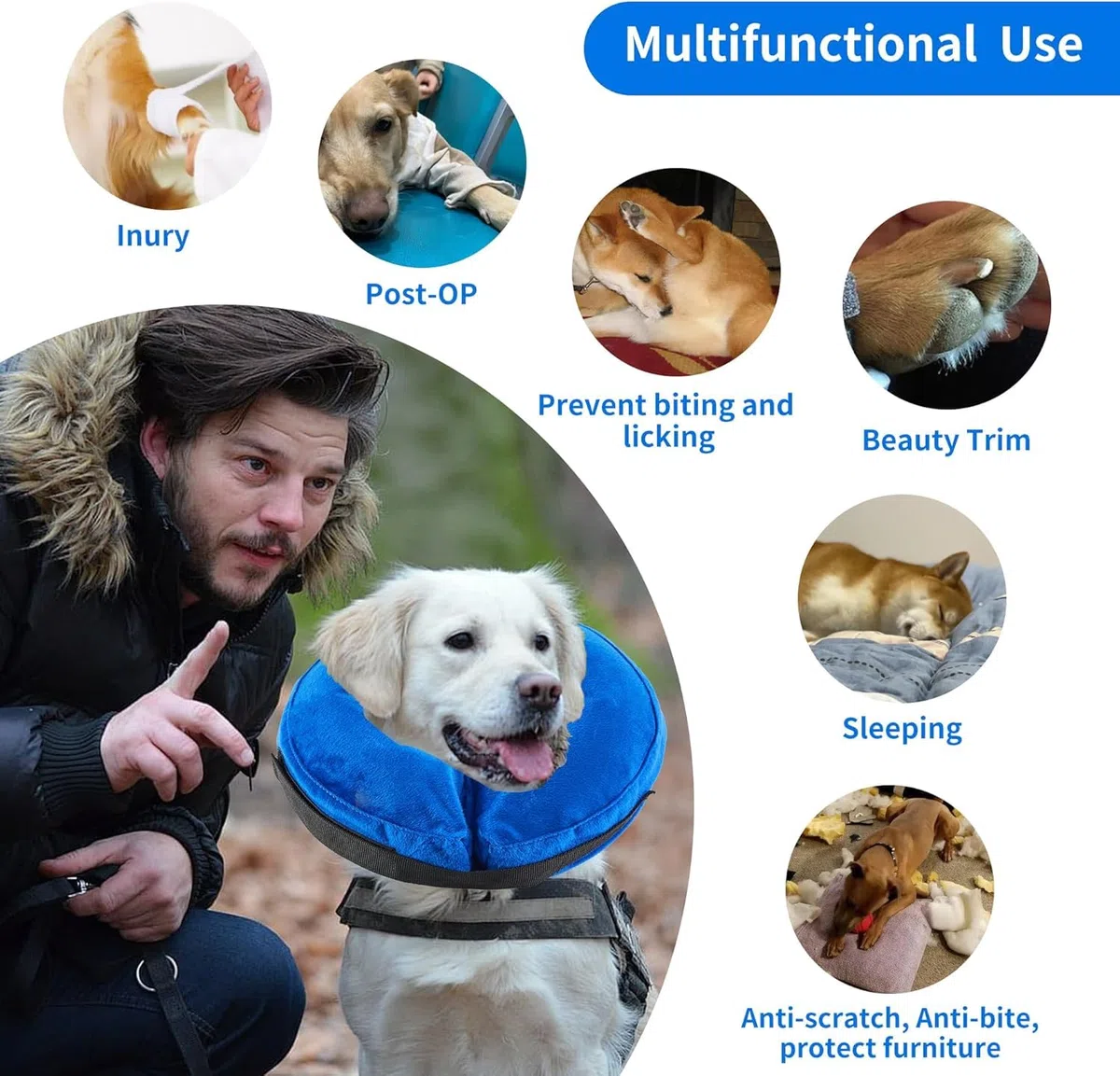Collare Collare Protettivo Gonfiabile per Cani e Gatti, Collare Gonfiabile Cane con Velcro Regolabile, Collari Gonfiabili di Base per Cani per il Recupero Che Non Bloccano La Vista