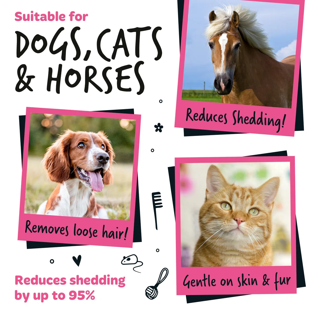 Bugalugs Spazzola per la pulizia di cani, gatti, cavalli, delicata ed efficace, con pettine largo e poco profondo, per cani, gatti e cavalli
