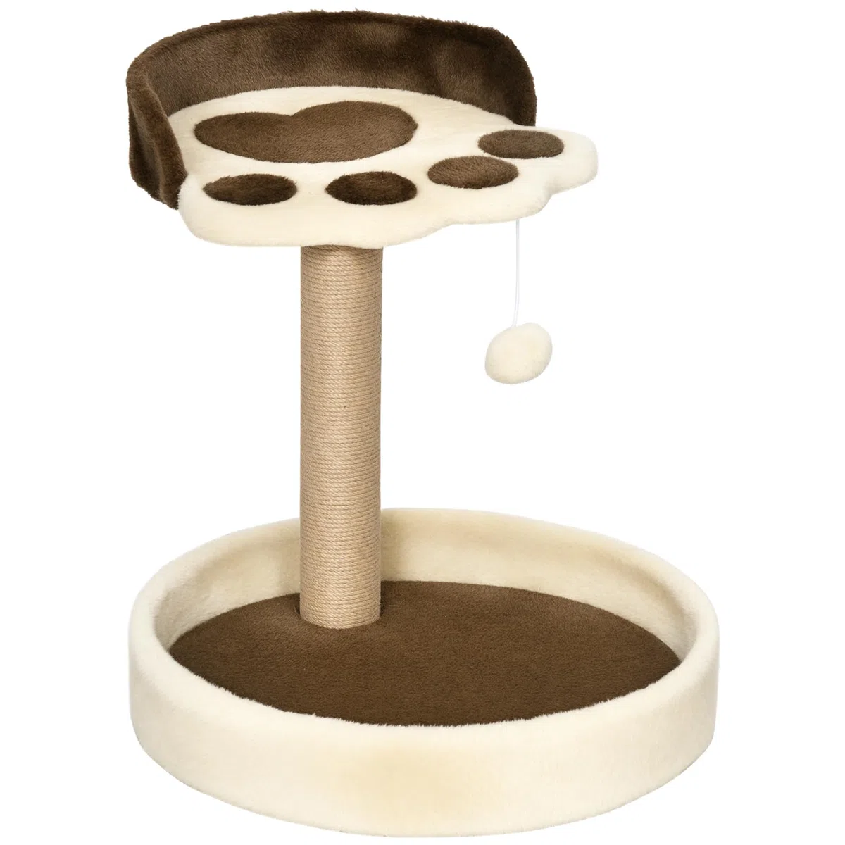 PawHut Albero Tiragraffi per Gatti da 5kg con Lettini e Pallina, Palestra per Gatti con Rivestimento in Peluche e Corda di Juta, 41x41x44 cm, Marrone e Beige