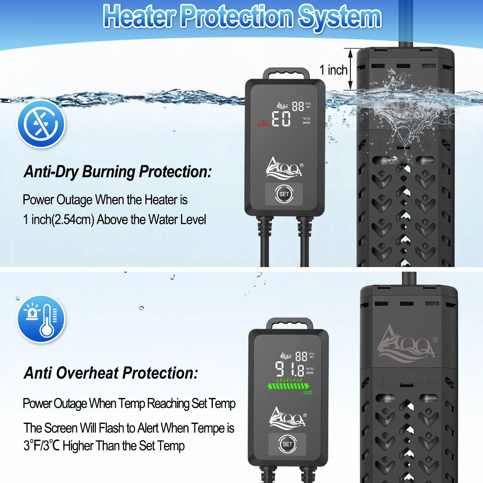 AQQA Riscaldatore per acquario, 500 W, barra riscaldante regolabile per acquari, con display digitale esterno, controller LED per 100 – 300 l