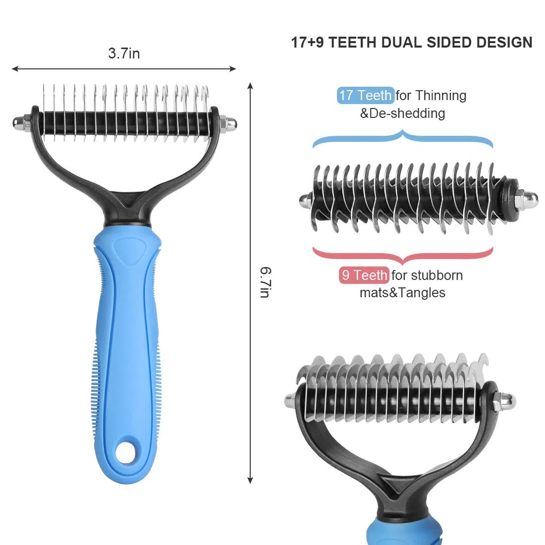 N/C Pettine per cani e gatti con 2 lati 9+17 denti, spazzola professionale per toelettatura animale domestico, rastrello per rimuovere efficacemente i nodi, blu