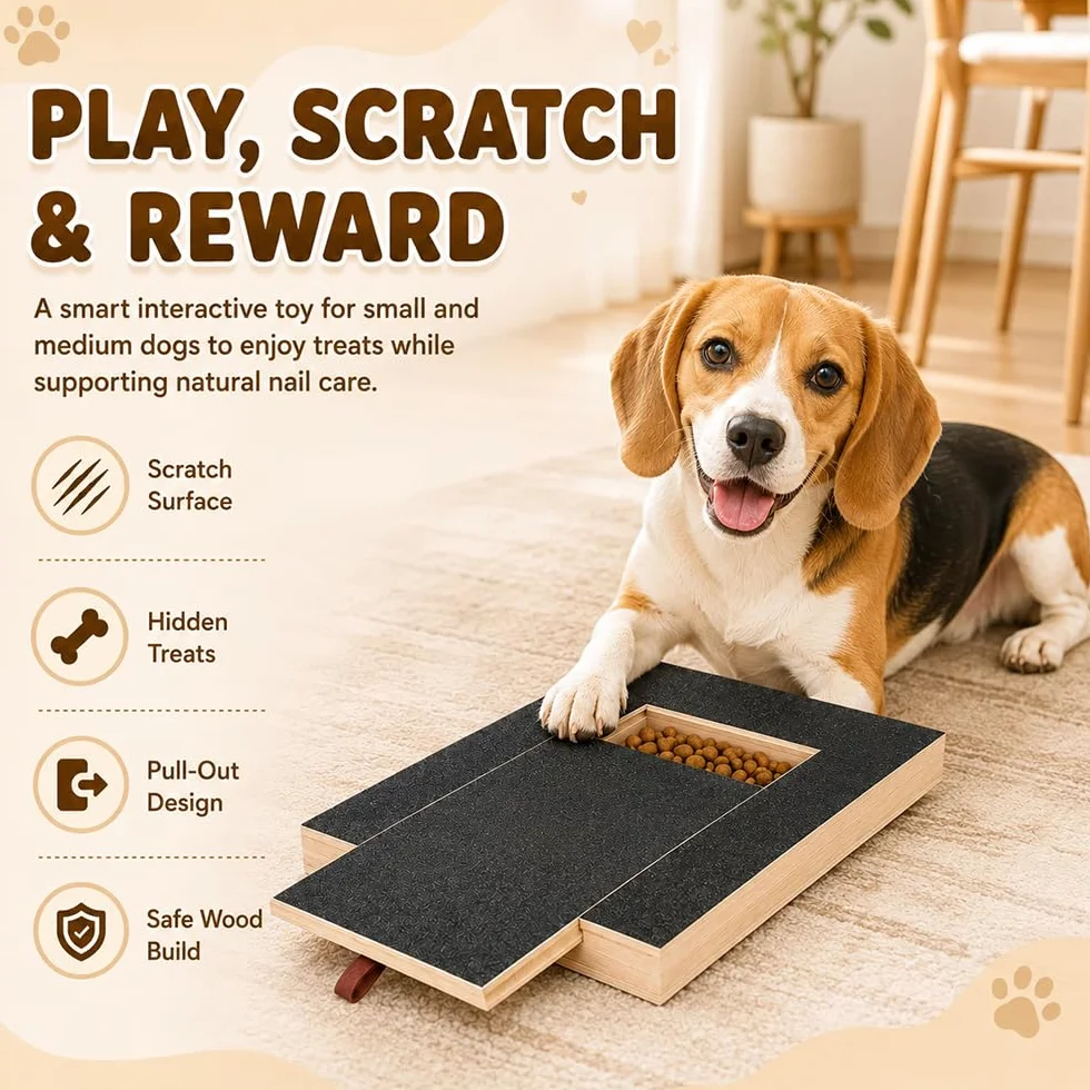 Tiragraffi per Cani con Scatola per Snack, 35x25x3 cm Tappetino AntiGraffio per Cani, Scratchboard per Unghies, Tavoletta Unghie Legno per Cani, Alternativa a Tagliaunghie e Smerigliatrici