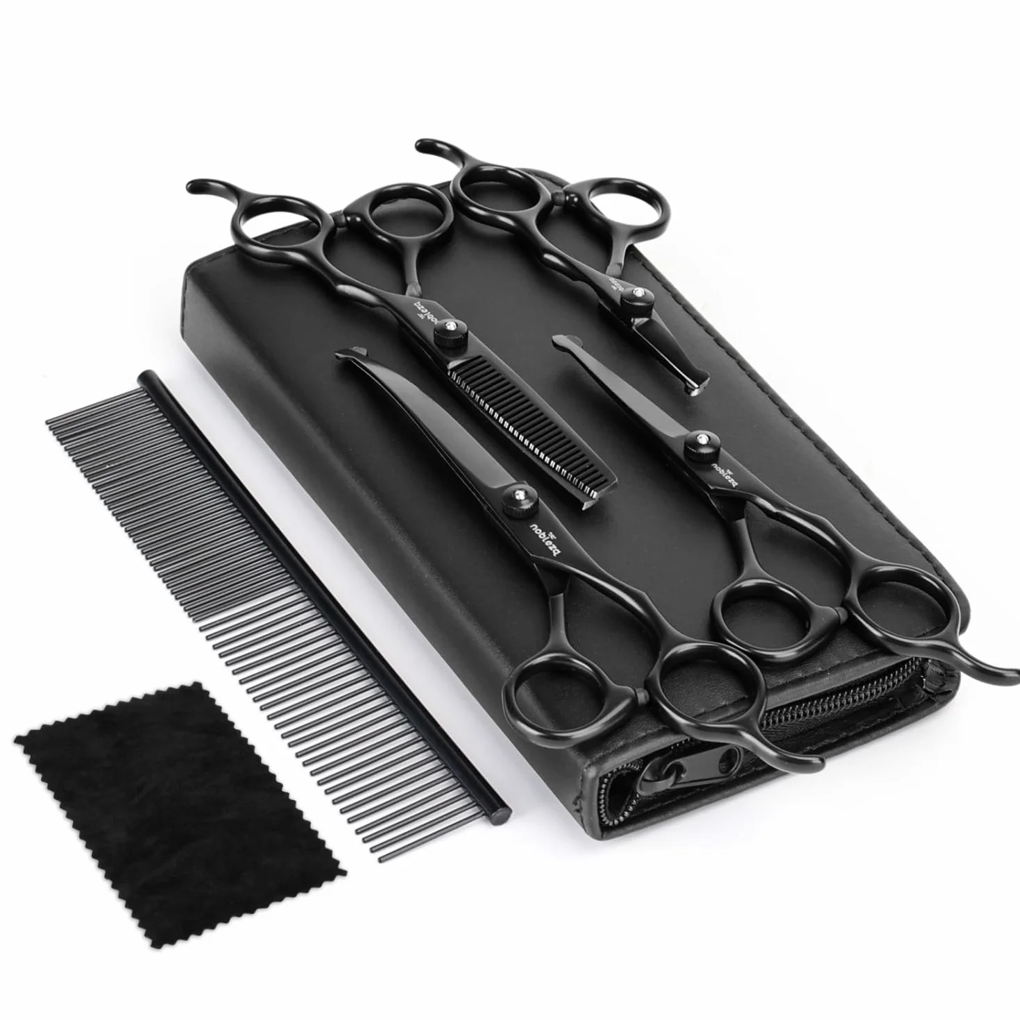 Nobleza Forbici Toelettatura Cani Professionali, 6 in 1 kit in Acciaio Inox 4CR, con Punta Rotonda di Sicurezza, con Forbici per Sfoltire, Curve, Dritte, Pettine, per Cane Gatto Animali Domestici
