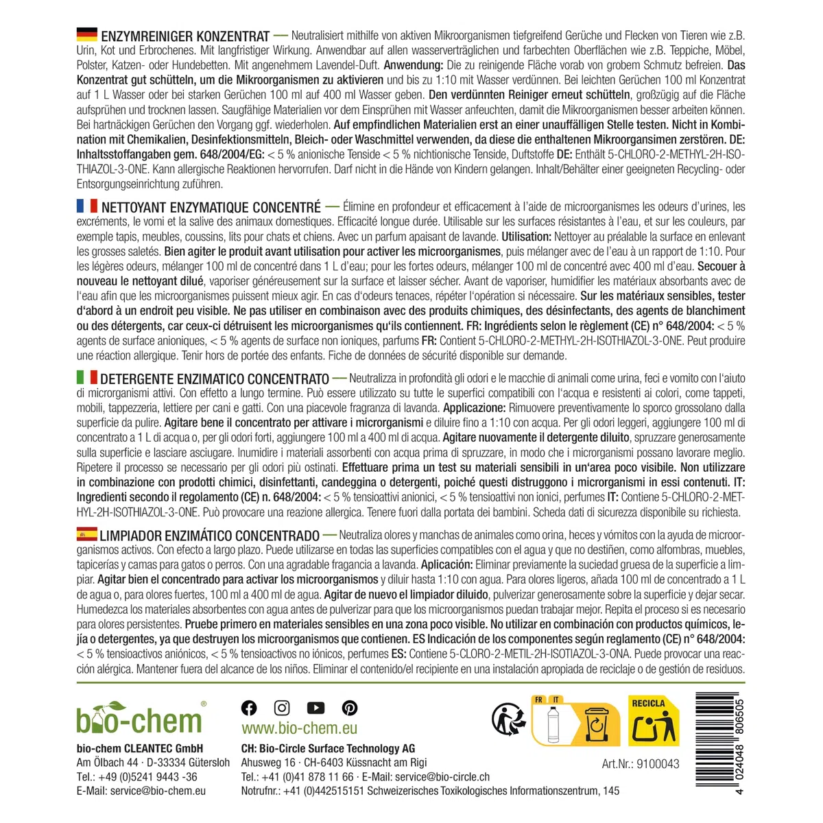 Bio-Chem - Detergente enzimatico concentrato 1L + flacone di miscelazione - Combatte gli odori ostinati e le macchie - Azione probiotica naturale per tappeti, tessuti e superfici