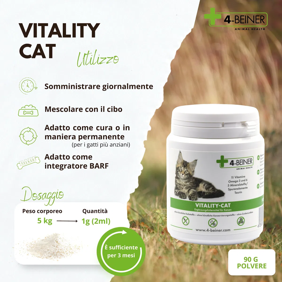 4-BEINER VITALITY-CAT, 11 vitamine per gatti più Omega 3, Omega 6, Zinco, Selenio, Manganese, Rame, Ferro, Taurina, Multivitamine per gatti, polvere