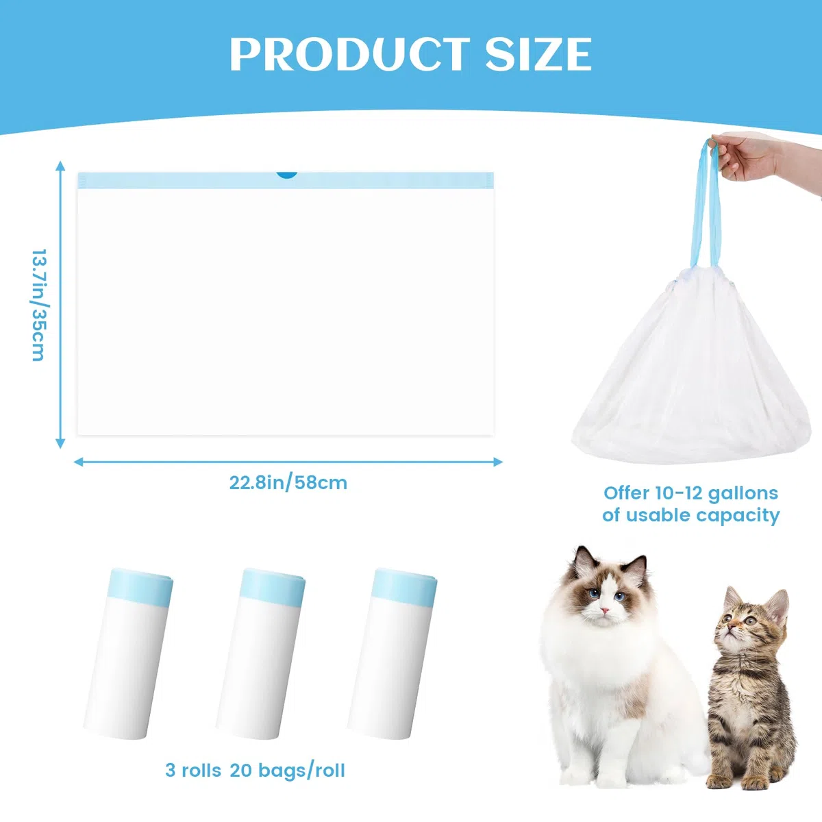 60 sacchetti autopulenti per lettiera per gatti compatibili con Meowant MW-SC01/MW-SC02/MW-LR01, resistenti e spessi, sacchetti di ricambio per lettiera per gatti autopulenti, 55,9 x 33 cm