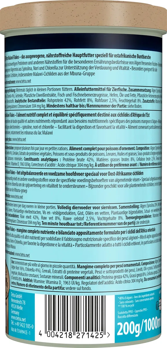 Tetra Malawi Flakes - Mangime in fiocchi per tutti i ciclidi erbivori, lattina da 1 L