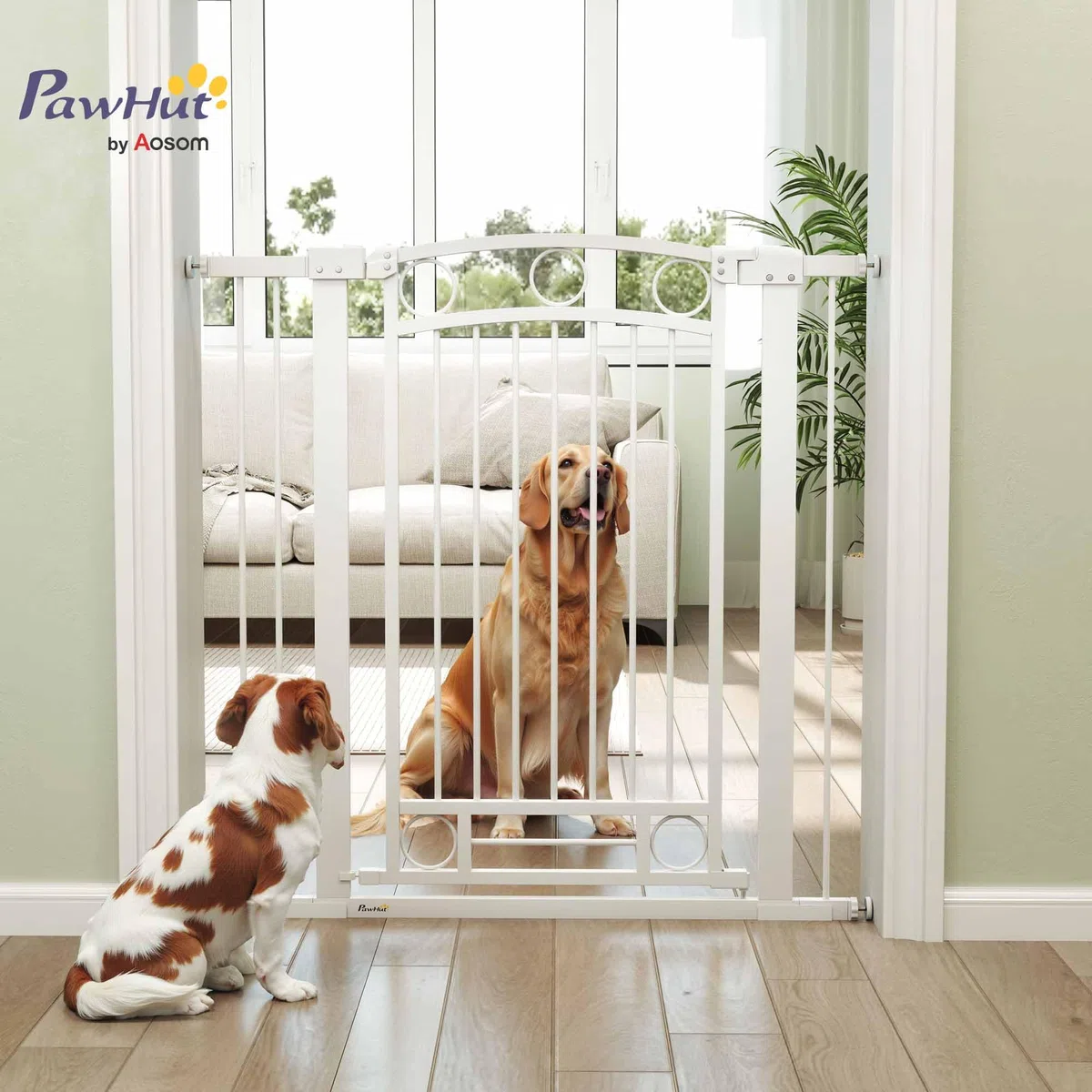 PawHut Cancelletto per cani con barriera di sicurezza per cani 76-104 cm Altezza 105 cm con 2 prolunghe 7/14 cm per scale e cancelli Bianco