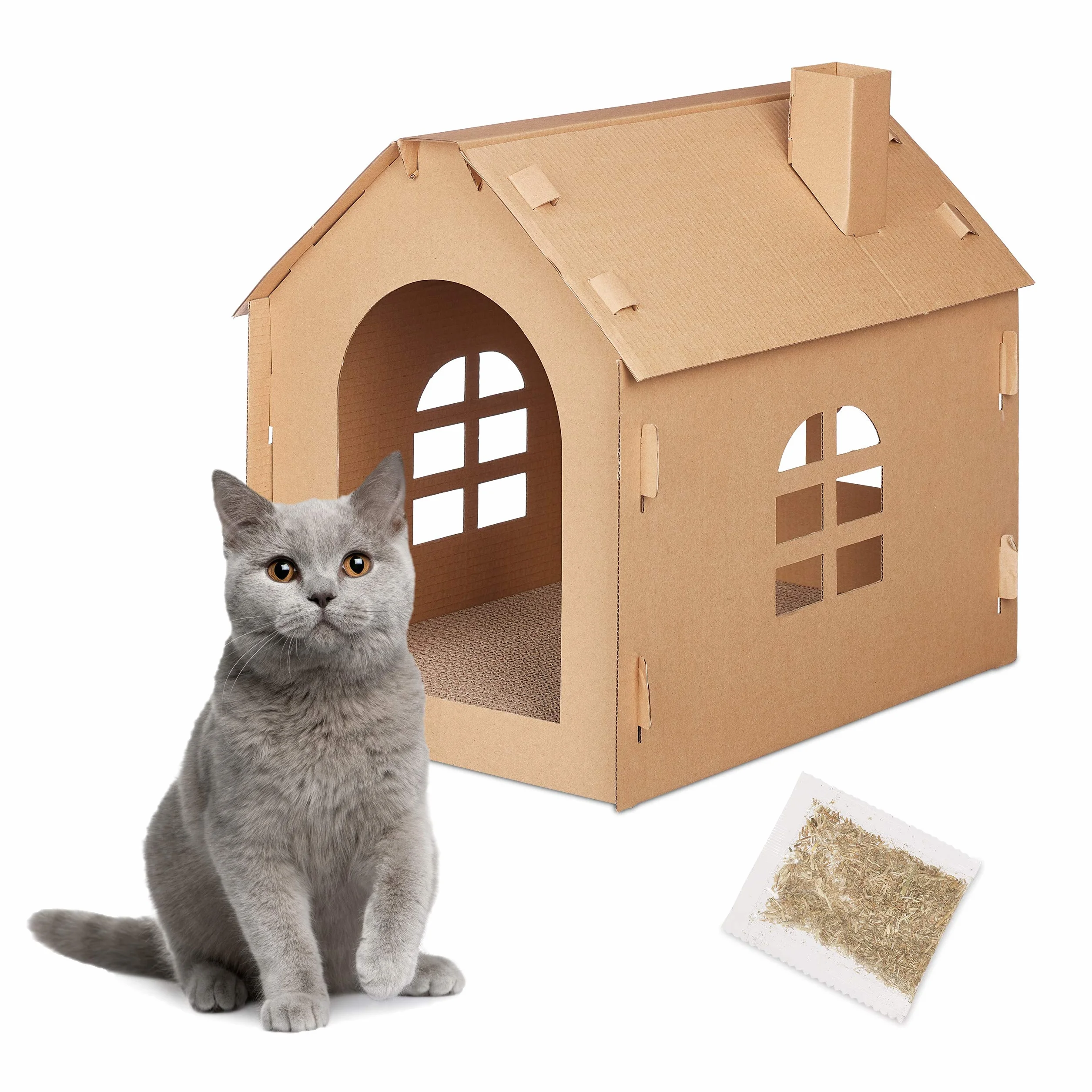Relaxdays Casetta di Cartone per Gatti, Cuccia, Scatola per Animali Domestici, Tunnel Gioco, 46 x 36,5 x 42,5 cm,Marrone