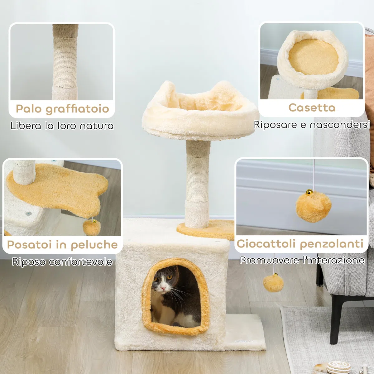 PawHut Albero Tiragraffi per Gatti con Posatoio e Casetta, Torre per Gatti in Truciolato, Peluche, cotone PP e Sisal, 40x30x72 cm, Beige e Giallo
