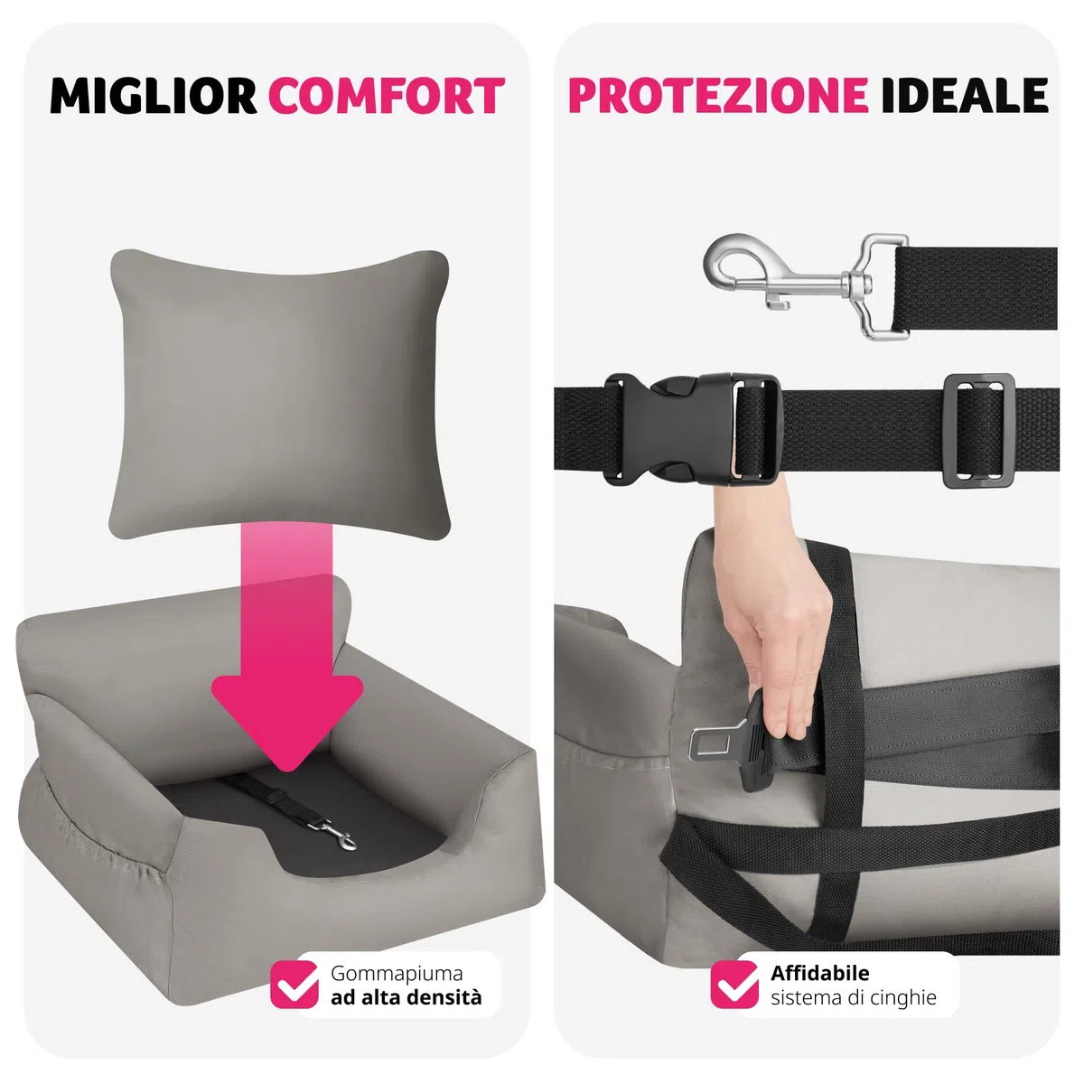 tectake® Seggiolino Auto per Cani Imbottito, Trasportino per Cani con Guinzaglio di Sicurezza, Cinghie di Fissaggio Regolabili, Rivestimento Lavabile, Compatibile con Tutti i Veicoli - Grigio