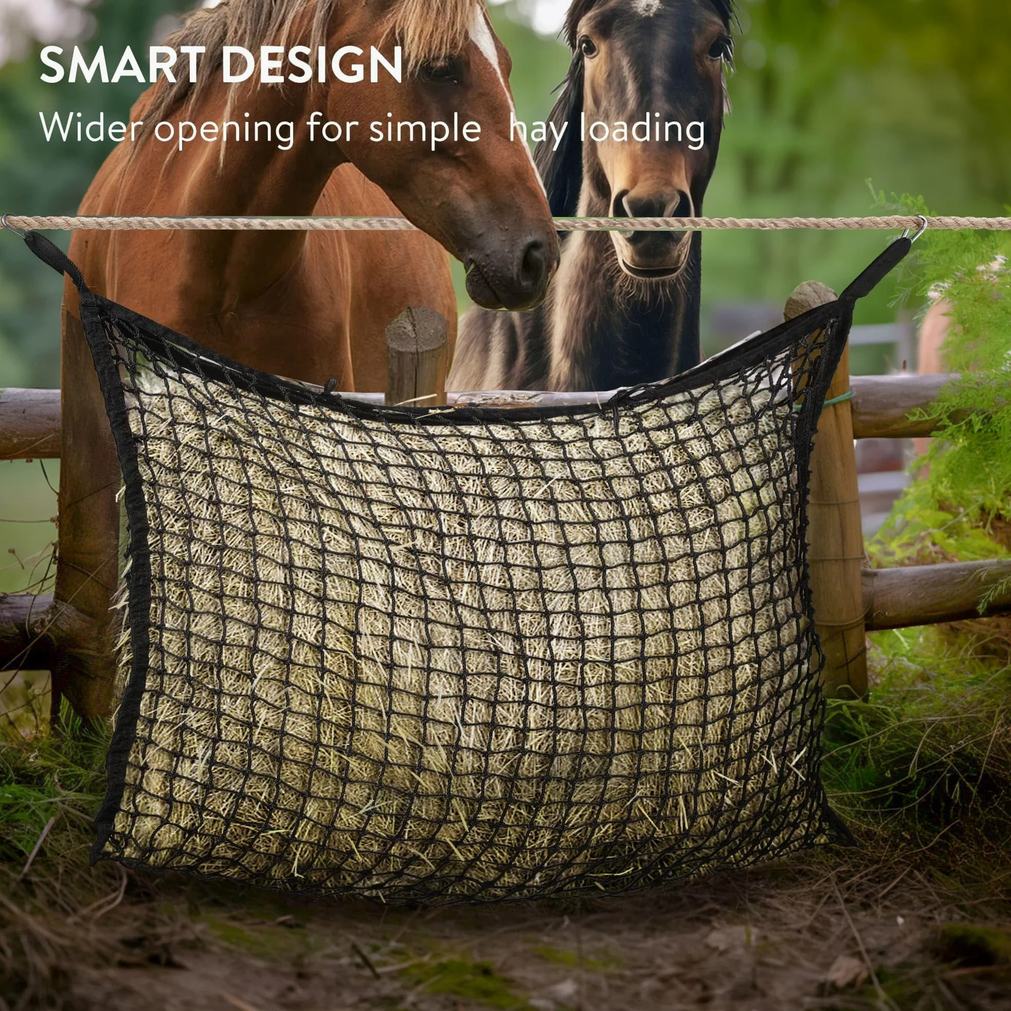 Navaris Rete da Fieno per Cavalli - Set 2X Reti per Alimentazione Lenta 80 x 90 cm - Slow Feeder per Mangiatoia Cavallo con Moschettoni - Maglia 3 x 3 cm - capacità 10 kg - Nero