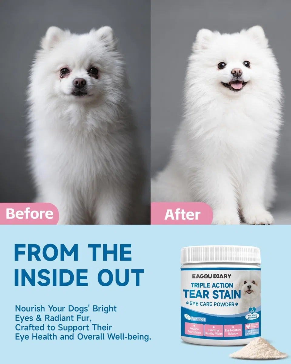 Rimuovi macchie lacrimali per cani - Integratore per macchie lacrimali dei cani, per la salute degli occhi e la cura del pelo bianco, con Luteina, Camomilla, Vitamine, Miscela di Probiotici, 100g