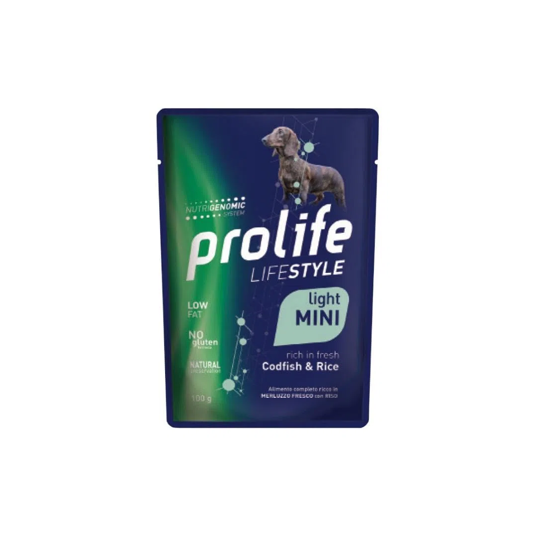 Prolife Umido Cane Adult Small Mini Light Lifestyle 100gr, alimento completo per cani adulti di tutte le taglie in sovrappeso gusto MERLUZZO e RISO | 12 bustine da 100 grammi l’una.