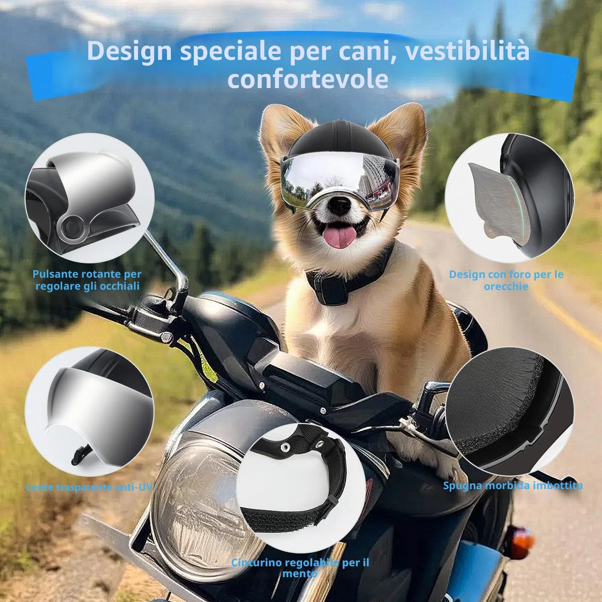 Enjoying Casco per Cani con Fori per le Orecchie, Casco per Animali con Lenti Argentate, Protezione UV, Protezione Dalla Sabbia, Adatto per Cani di Peso Compreso tra 7,5 e 12,5 kg