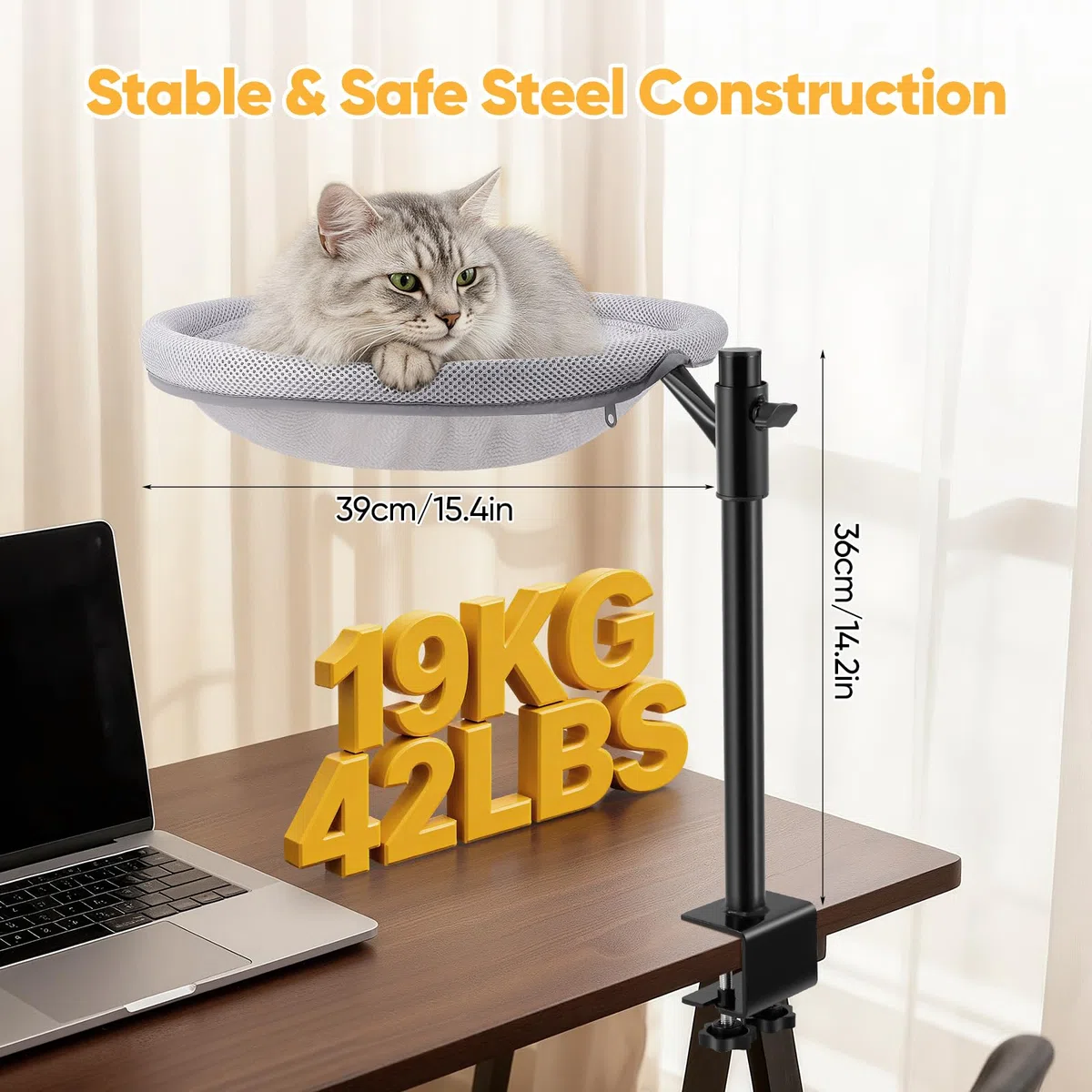 Lettino per Gatti da Scrivania, Cuccia per Gatti da Scrivania con Rotazione a 360°, Altezza Regolabile, Tessuto a Rete, Fodera Lavabile, per Ufficio a Casa, Fino a 19 kg/42lb