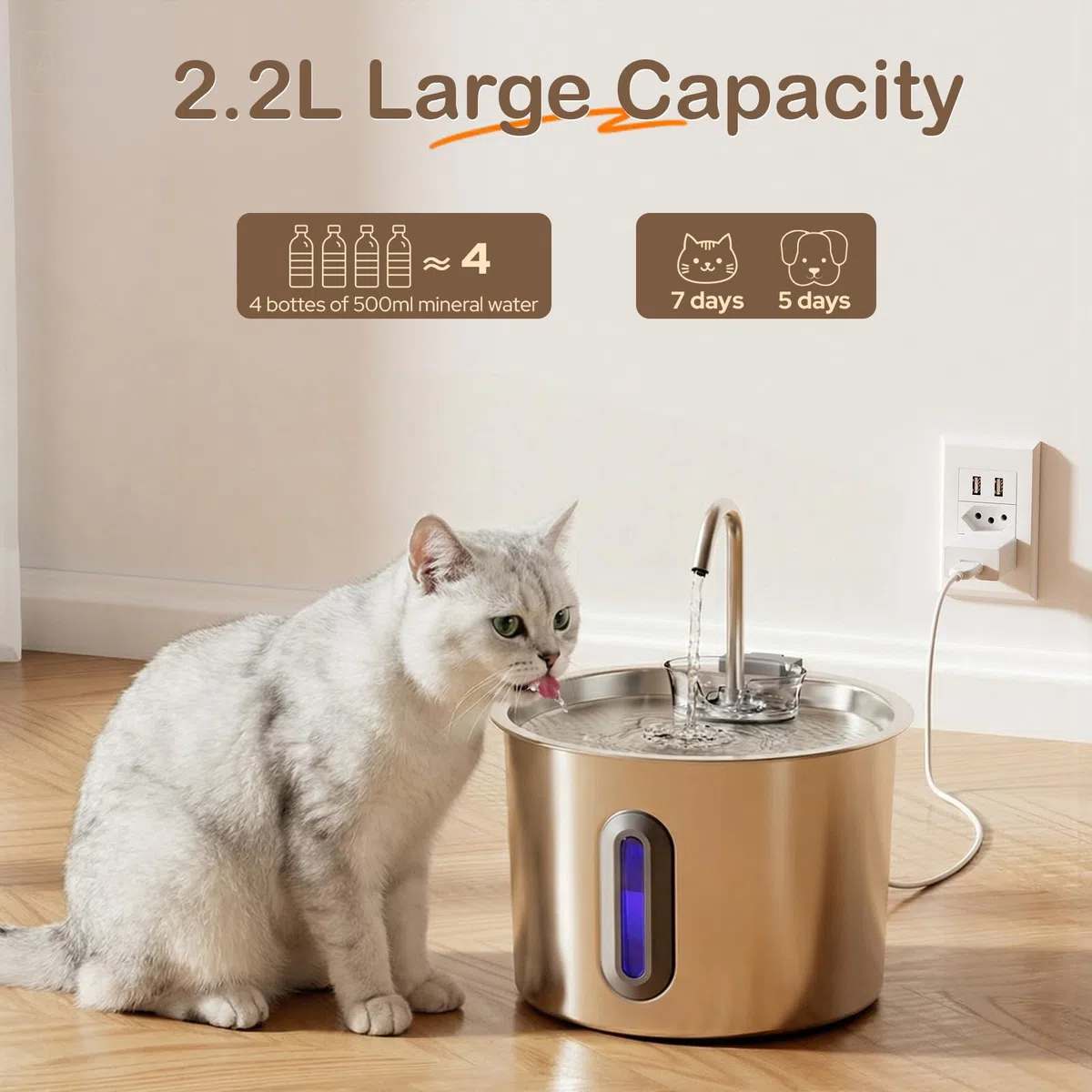 Zivacate Fontanella per Gatti Acciaio - 2,2 L Fontana per Gatti con Pompa Ultra Silenziosa, Finestra LED, Sistema di Filtraggio Triplo, Fontanella Gatto con Cavo (con 3 Filtri & 3 Spugne)
