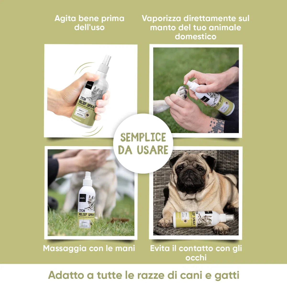 Spray Antiprurito per Dermatite Cane & Gatto 250ml, Spray Dermatite Cane Prurito, Rimedio Naturale per Prurito Cane e Gatto con Aloe Vera e Tea Tree Oil, Spray Antiprurito per Cani e Gatti Naturale