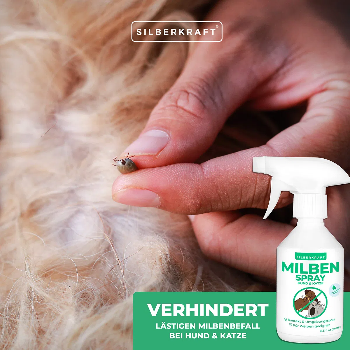 Silberkraft - Spray antiacaro per cani e gatti, 250 ml, affidabile antiacaro per cani, gatti, roditori e altri animali domestici, efficace e utile antiacaro