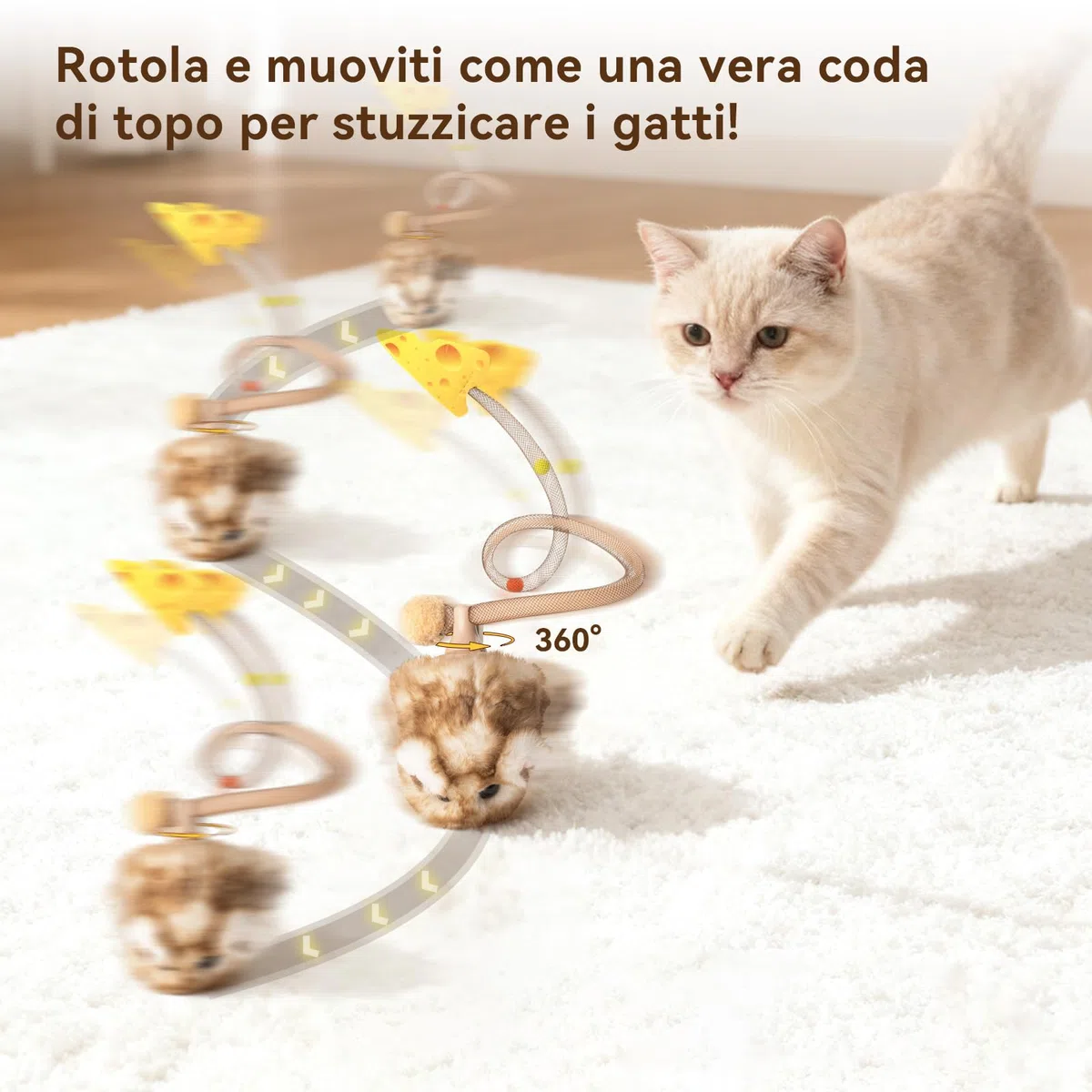 Migipaws Giocattolo interattivo per gatti, topolino elettrico con coda che si muove, sensore intelligente, squittio, giocattolo per gatti con erba gatta, ricaricabile