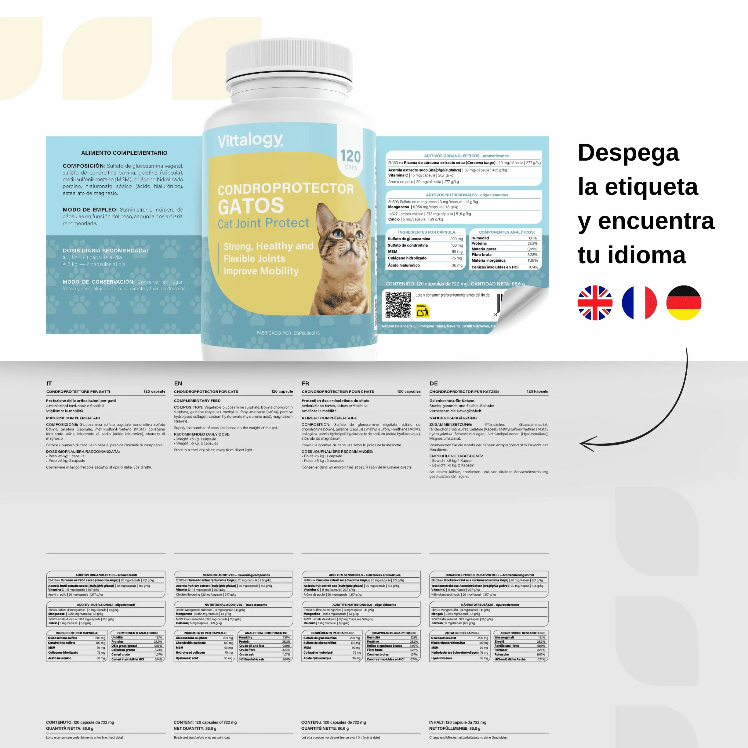 Condroprotettore per gatti. Antinfiammatorio naturale con collagene, condroitina, ialuronico e curcuma. Integratore alimentare per fianchi, articolazioni e cartilagini - 120 capsule