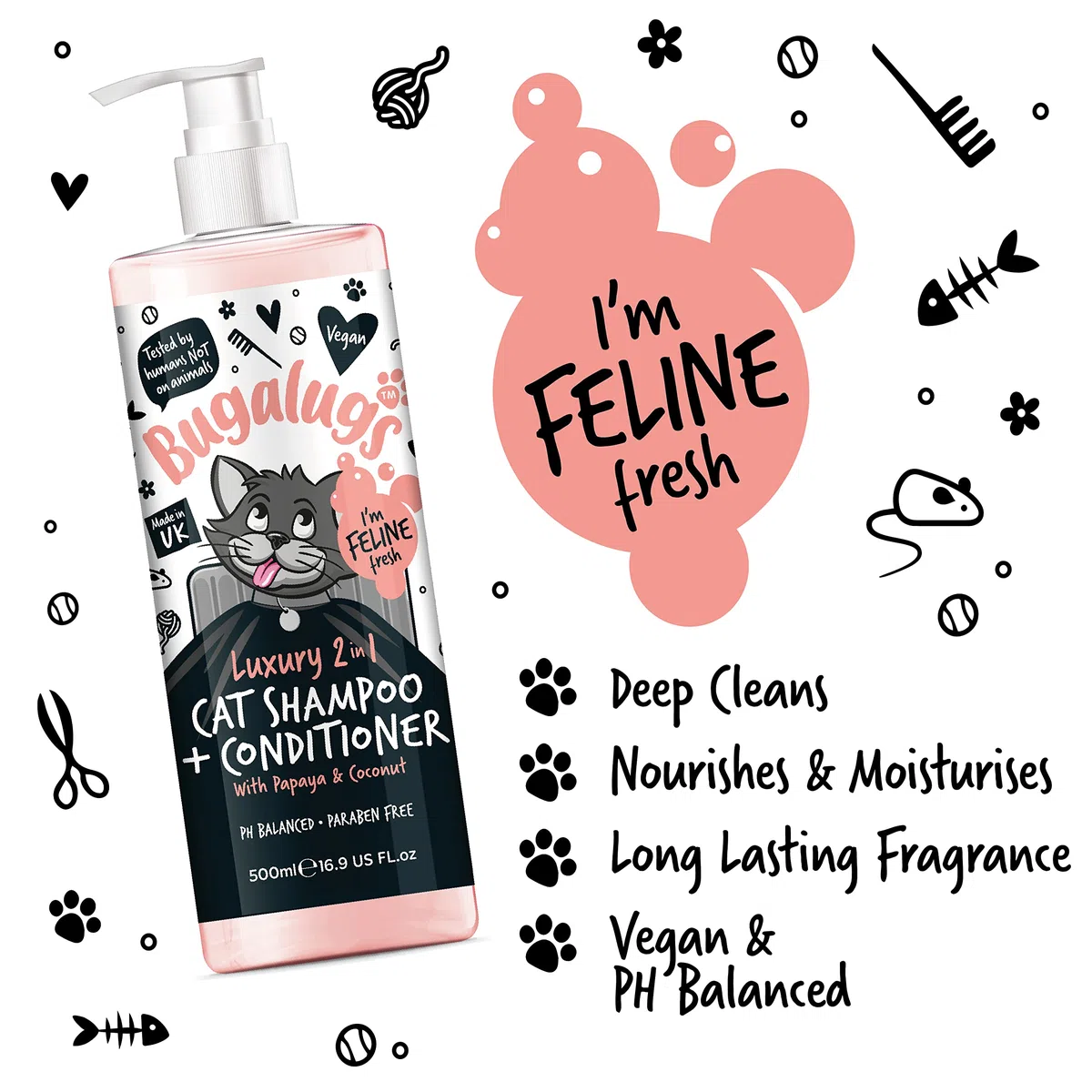 Bugalugs Shampoo e balsamo per gatti 2 in 1. Detergente, nutriente e condizionante per tutti i peli di gatto. Profumo calmante alla papaya e cocco. Per tutti i gatti e gattini. Toelettatura di gatti e