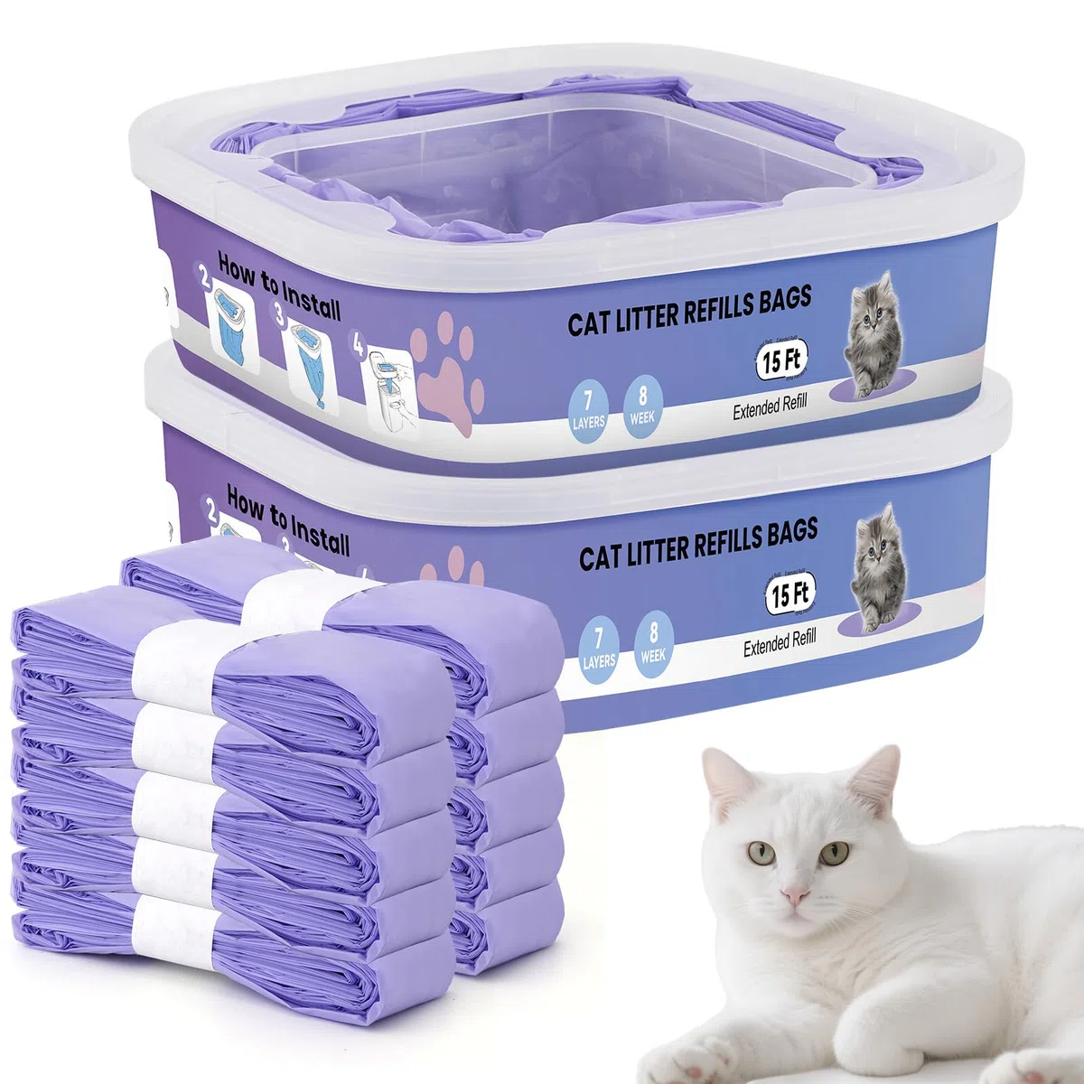 10 ricariche per lettiera,compatibili con i modelli Litter Genie Standard,Plus,XL e Style,Sacchetti di ricambio per lettiera per gatti,con potente azione deodorante, colore viola