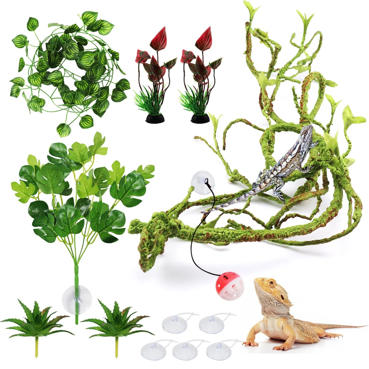 QUOZUO Accessori per Serbatoi di Drago Barbuto, Piante rettili, Giungla Pieghevole, Ramo di terrario, Foglie in plastica Flessibile