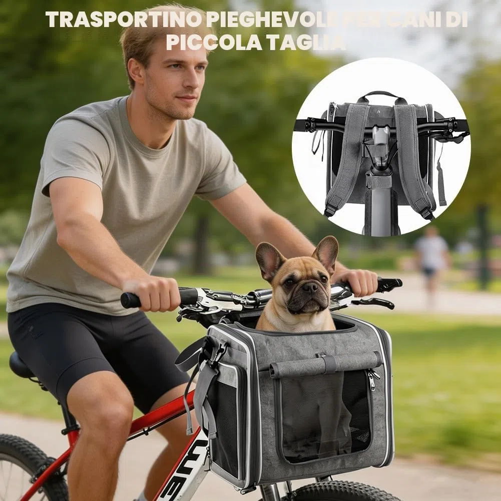 Cestino per cani per bicicletta, 4-in-1 cestino per cani espandibile per bicicletta fino a 10 kg, cestino per bicicletta, zaino e borsa a tracolla con 4 finestre in mesh, cintura di sicurezza, fondo