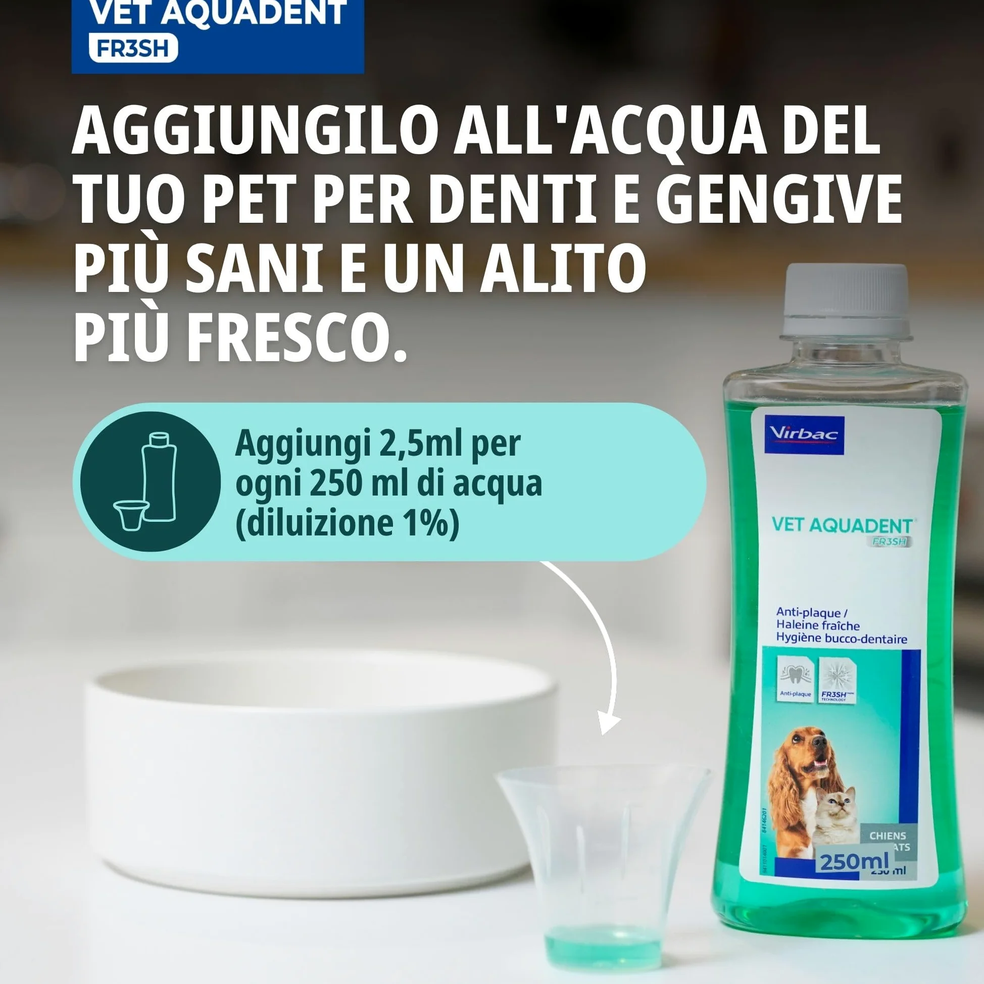 Virbac Aquadent, soluzione per l'igiene dentale di cani e gatti, aroma di menta, flacone da 500 ml