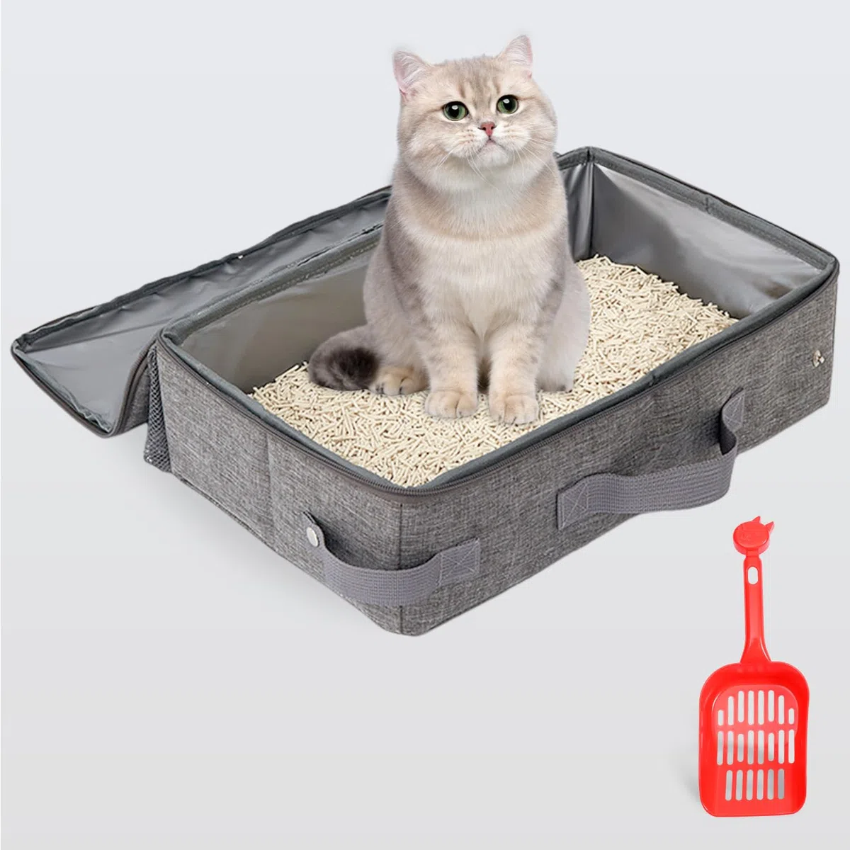 Lettiera Portatile Toilette per Gatti con Coperchio, Lettiera Gatto Aperta con Cerniera e Manico a Paletta, Litter Box per il Viaggio, Leggera, Facile da Pulire, Pieghevole, a Prova di Perdite