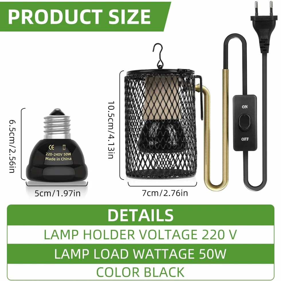 Lampada termica per tartarughe, lampada termica per rettili con cestino protettivo, confezione da 2 lampade termiche in ceramica con supporto base, temperatura regolabile, per rettili, tartarugh