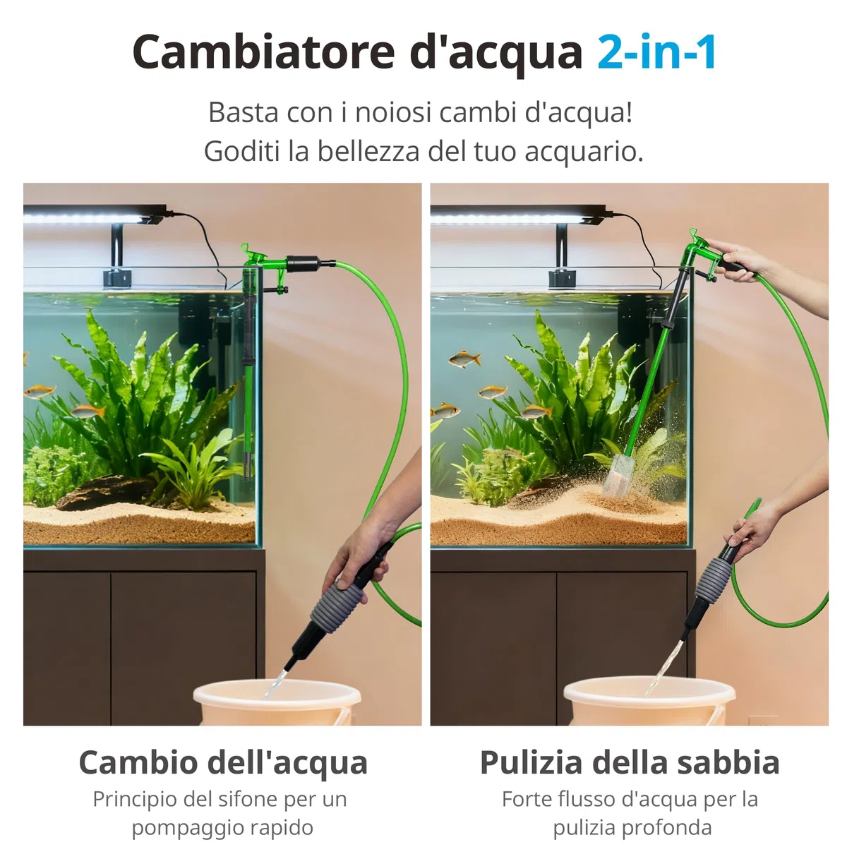 NICREW Sifone Acquario 2 in 1 per Cambio Acqua, Sabbia per Pulizia Acquario, Accessorio per Manutenzione